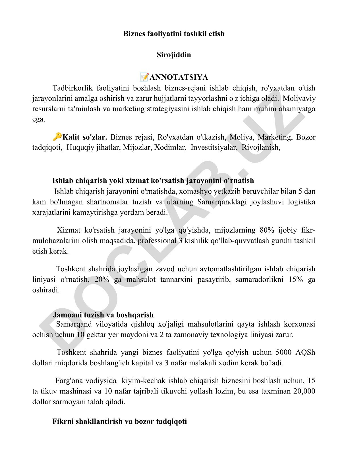 Biznes faoliyatini tashkil etish