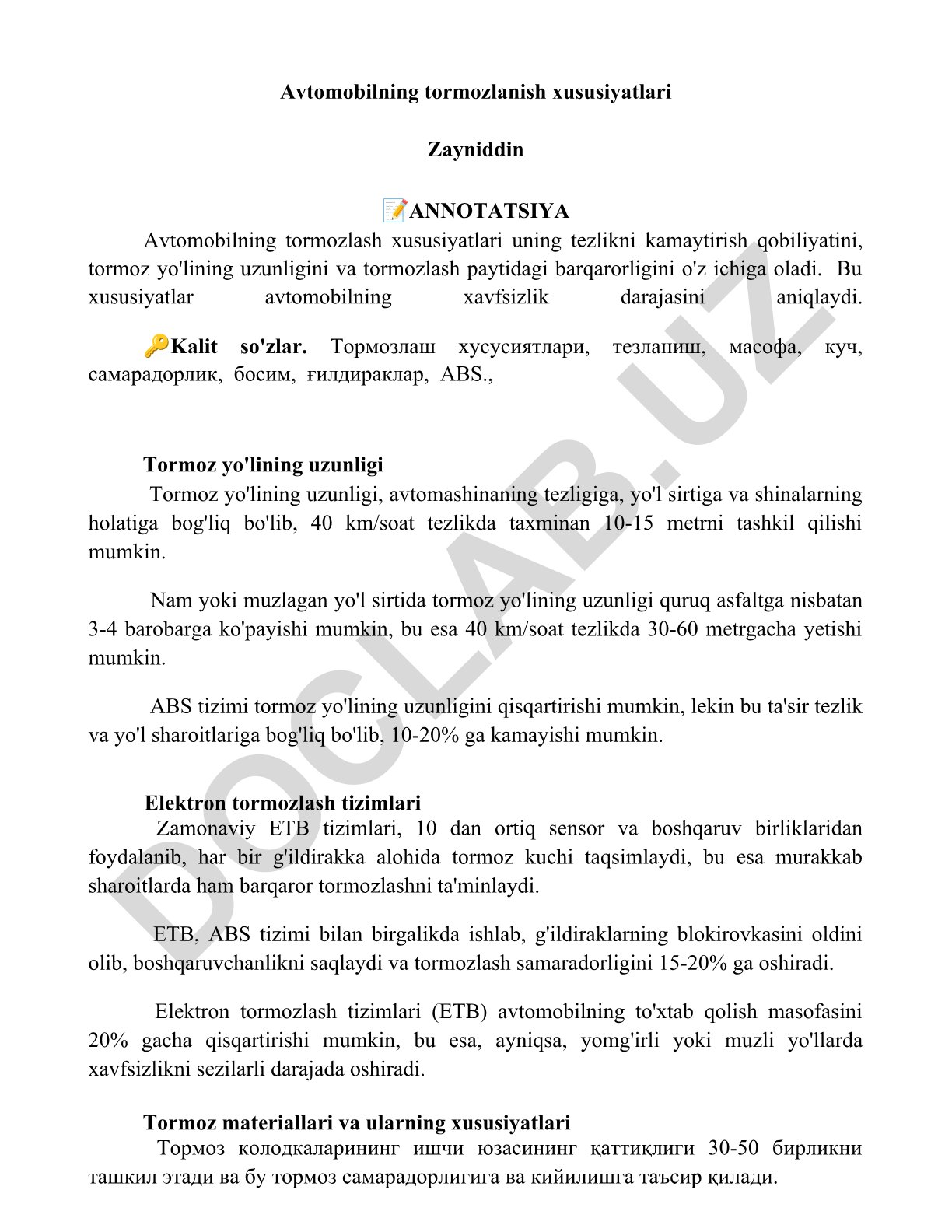 Avtomobilning tormozlanish xususiyatlari