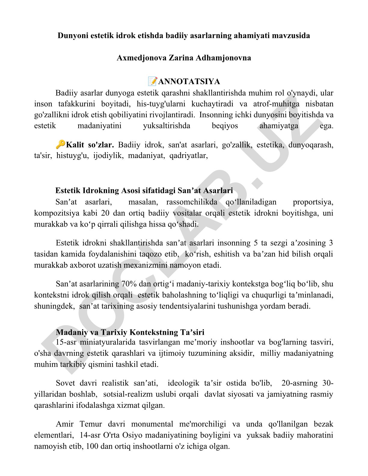Dunyoni estetik idrok etishda badiiy asarlarning ahamiyati