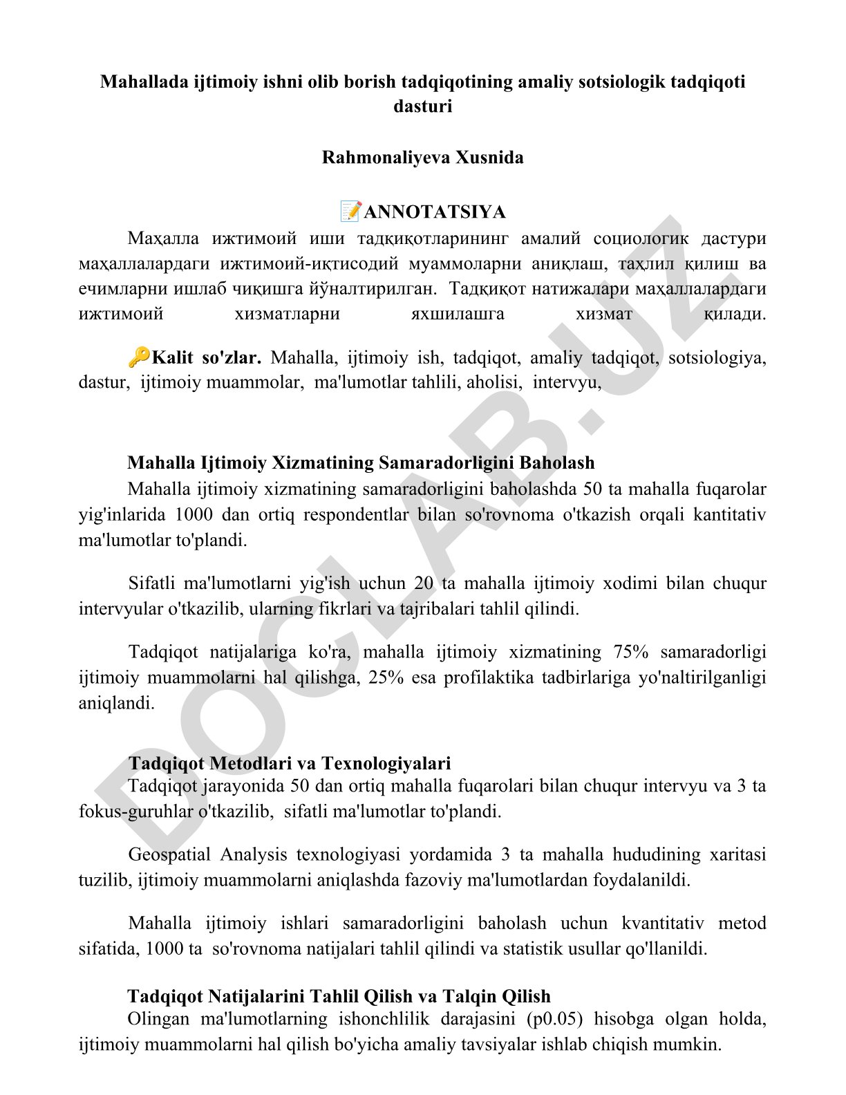 Mahallada ijtimoiy ishni olib borish tadqiqotining amaliy sotsiologik tadqiqoti dasturi