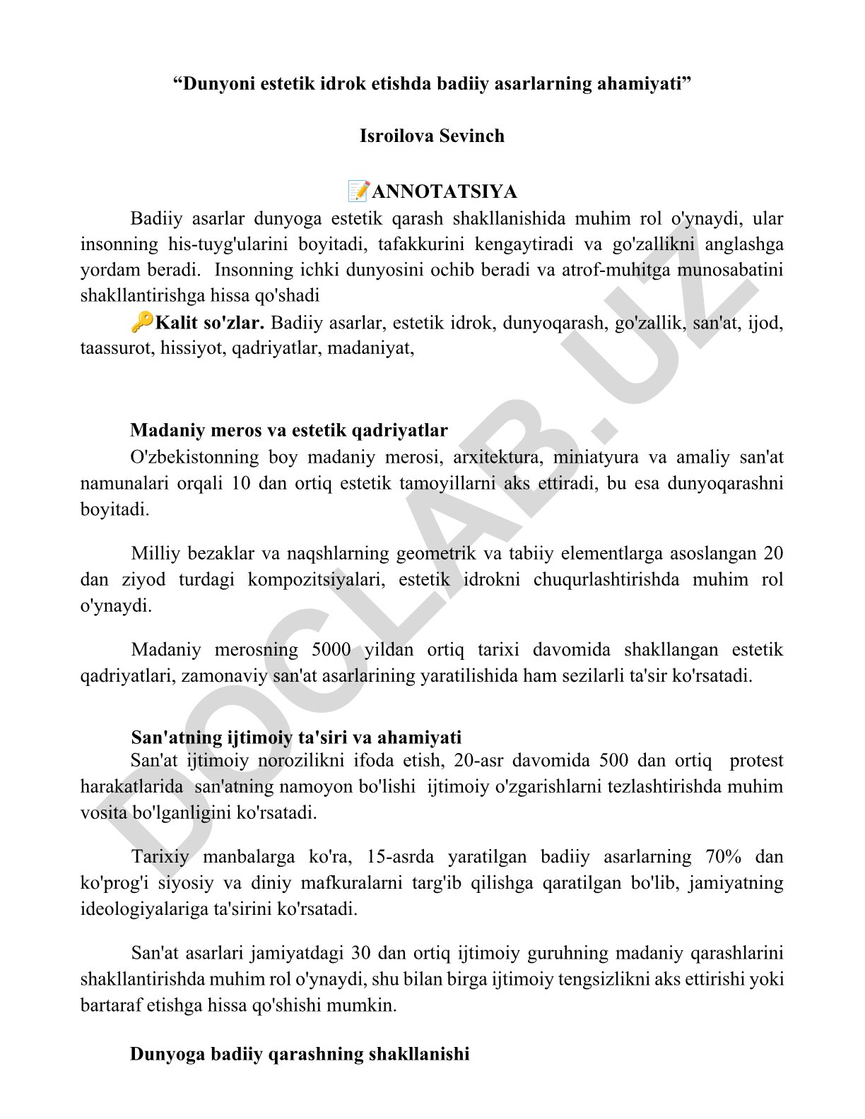 Dunyoni estetik idrok etishda badiiy asarlarning ahamiyati