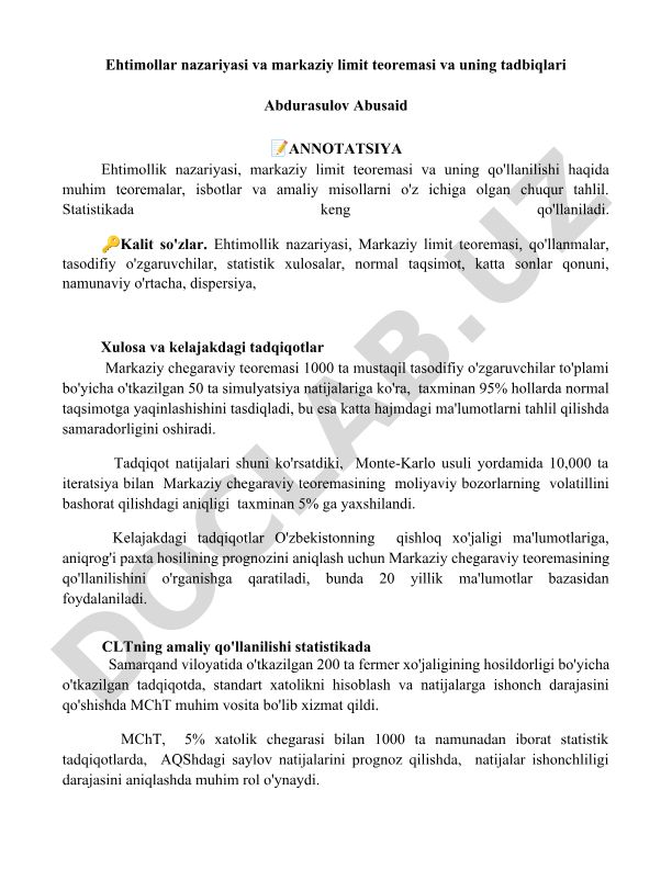 Ehtimollar nazariyasi va markaziy limit teoremasi va uning tadbiqlari