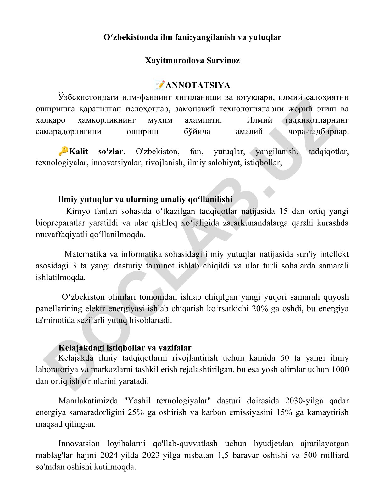 Oʻzbekistonda ilm fani: yangilanish va yutuqlar