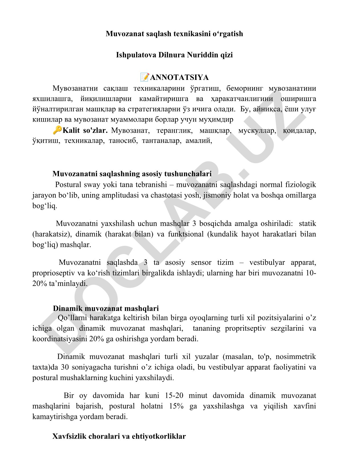 Muvozanat saqlash texnikasini o'rgatish