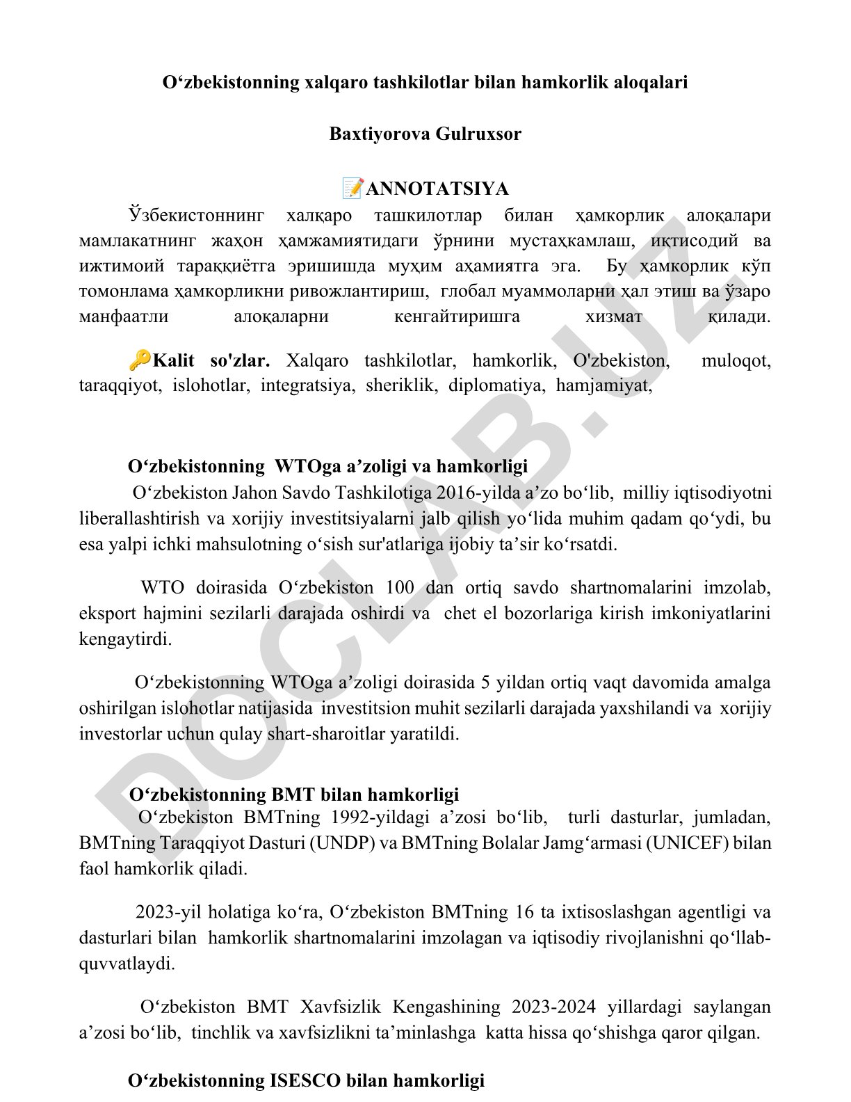 O‘zbekistonning xalqaro tashkilotlar bilan hamkorlik aloqalari