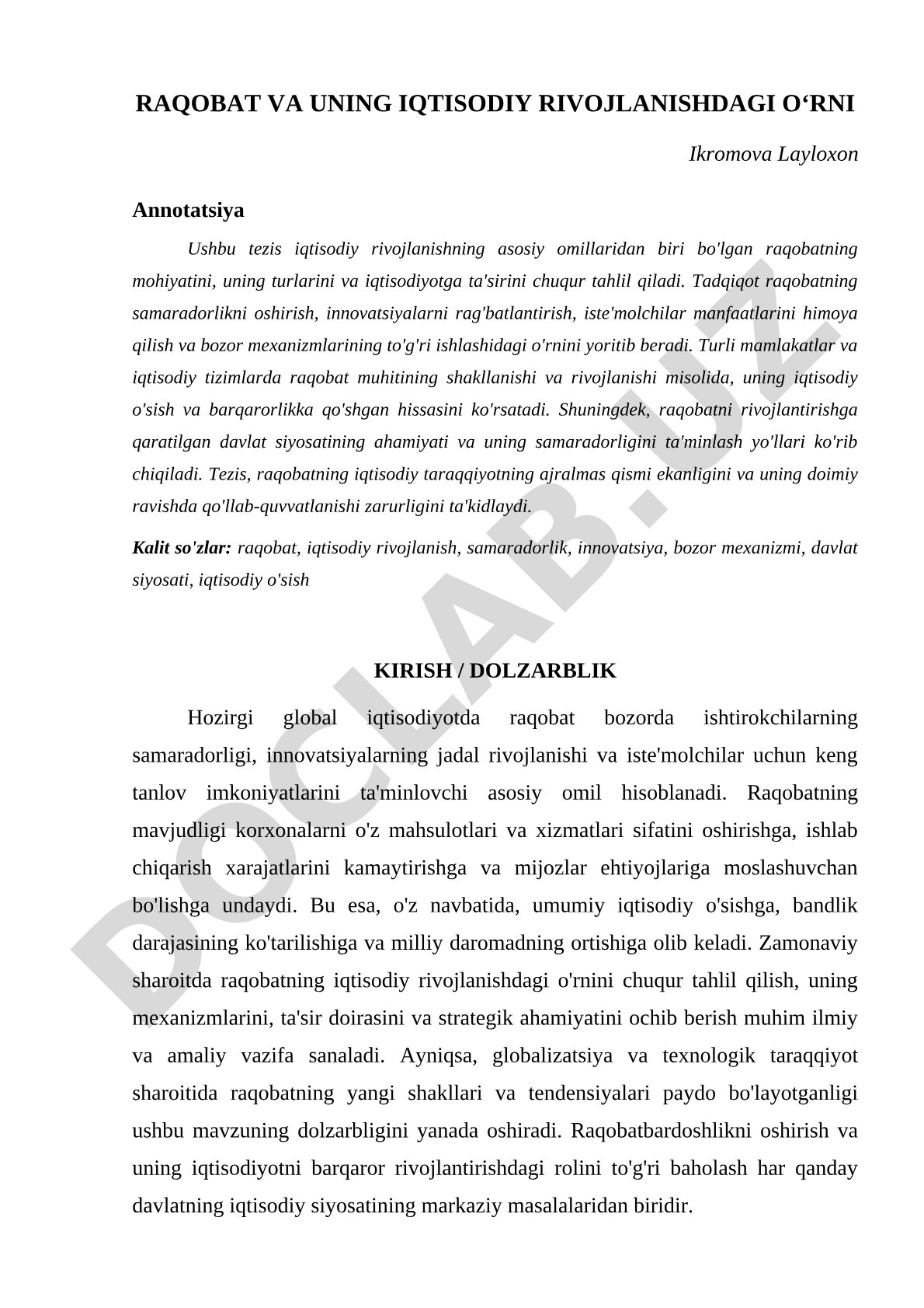 Raqobat va uning iqtisodiy rivojlanishdagi o'rni