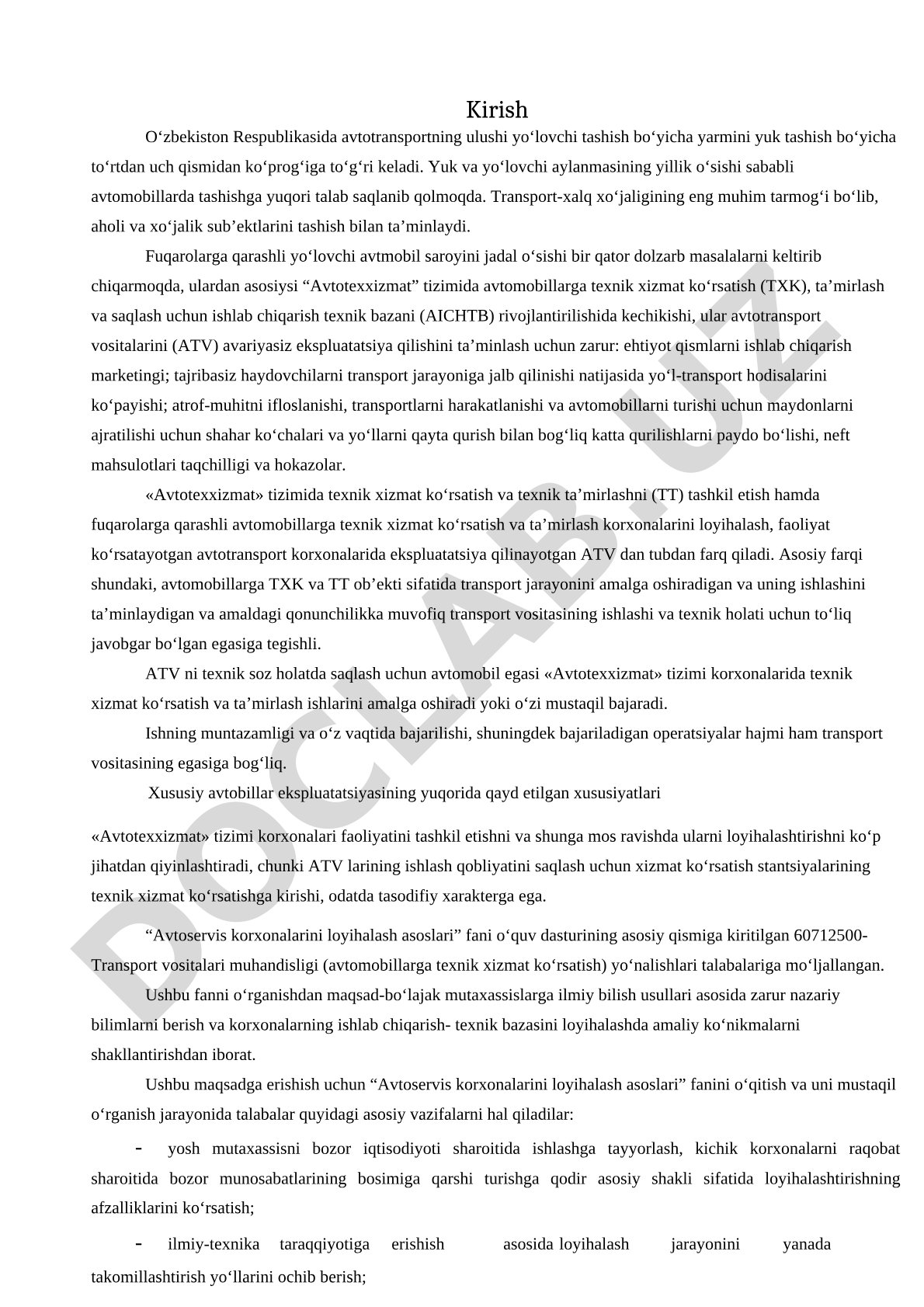 O'zbekistonda avtotransportning rivojlanishi va texnik xizmat ko'rsatish muammolari