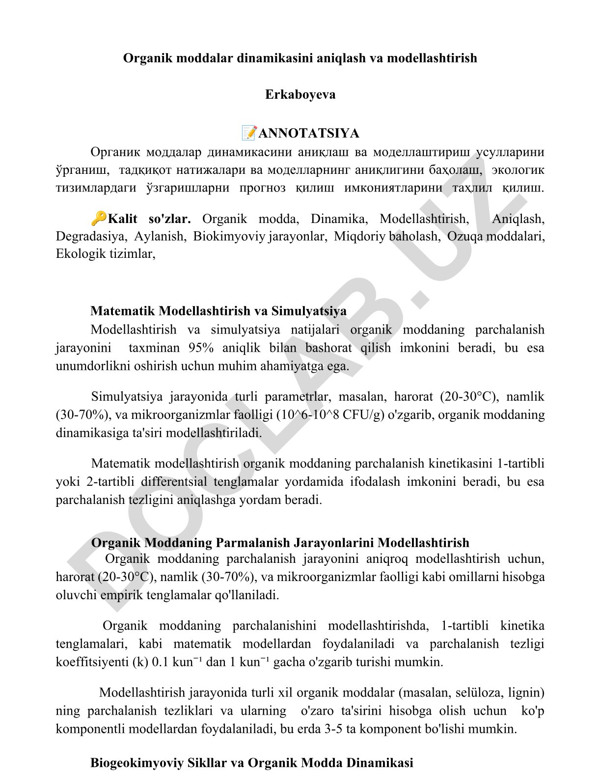 Organik moddalar dinamikasini aniqlash va modellashtirish