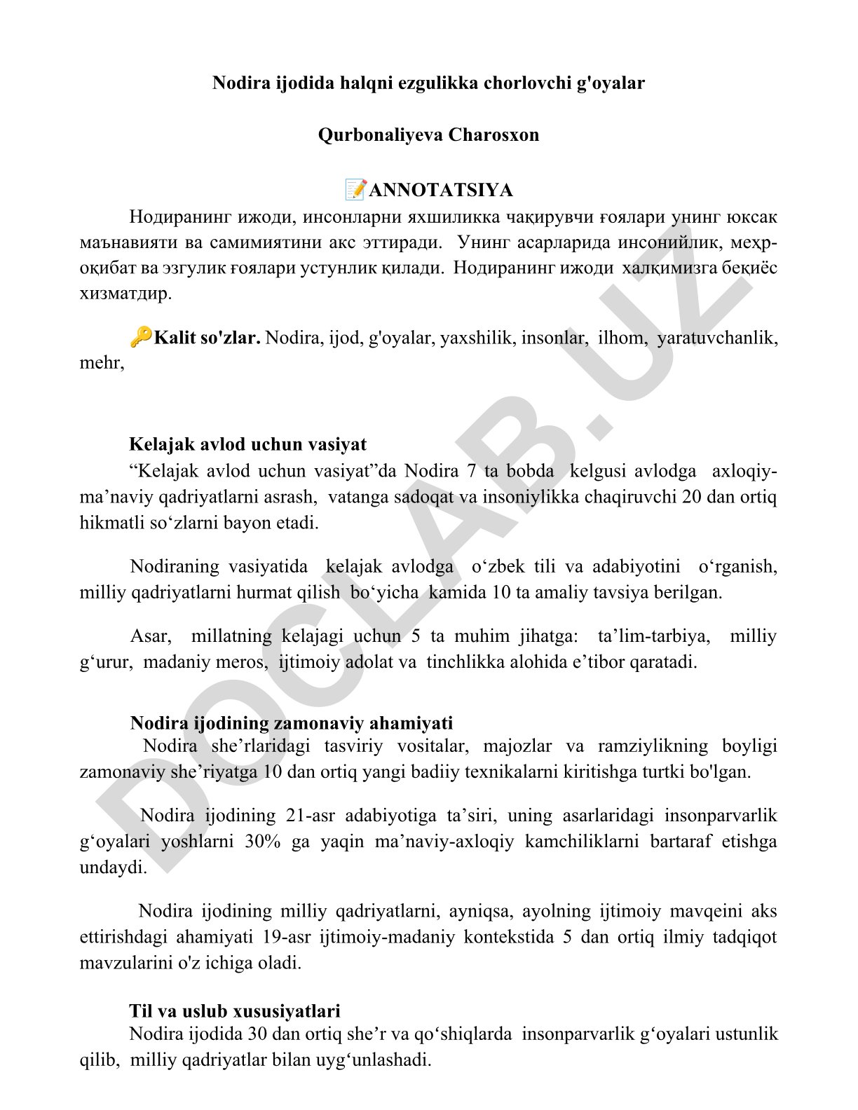 Nodira ijodida halqni ezgulikka chorlovchi g'oyalar