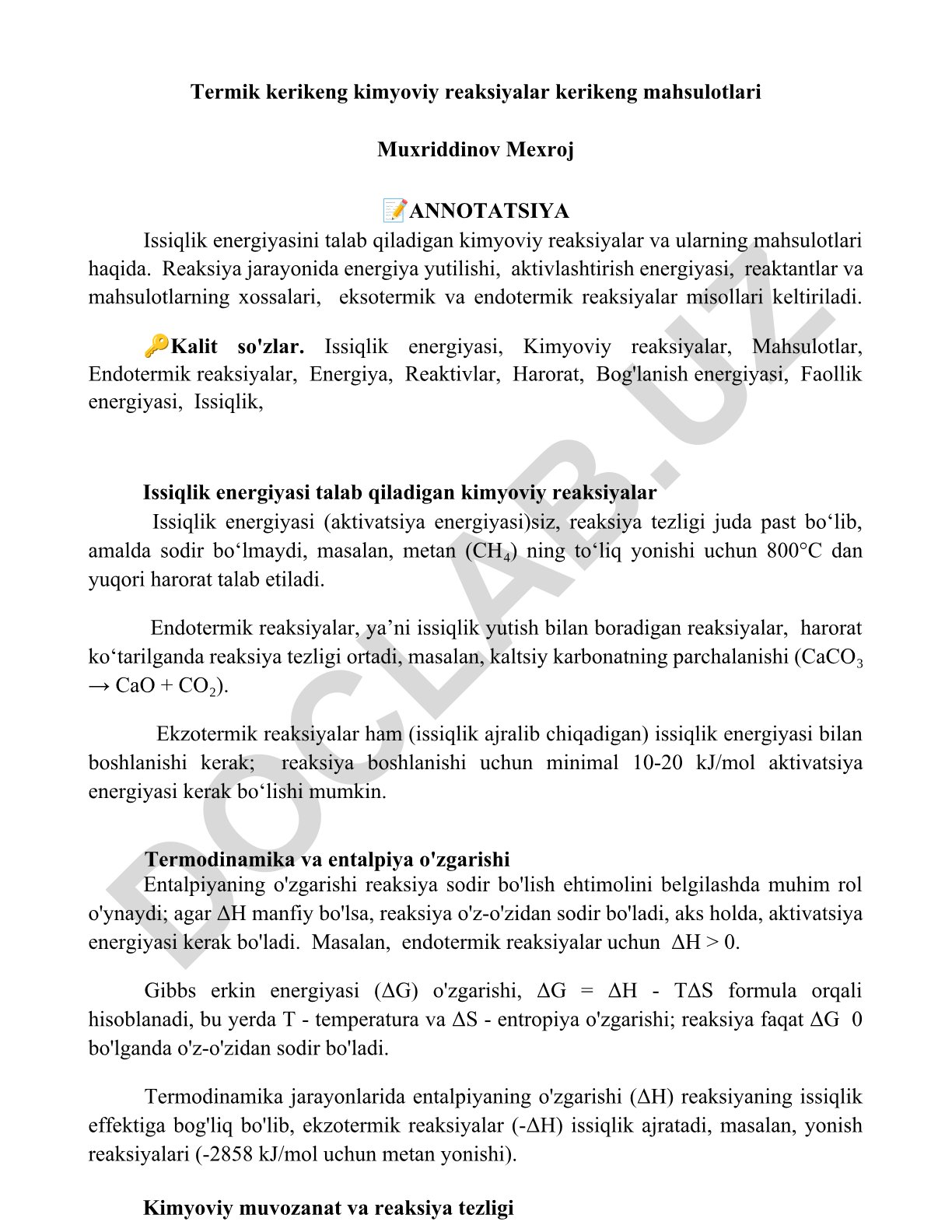 Termik kimyoviy reaksiyalar va ularning mahsulotlari
