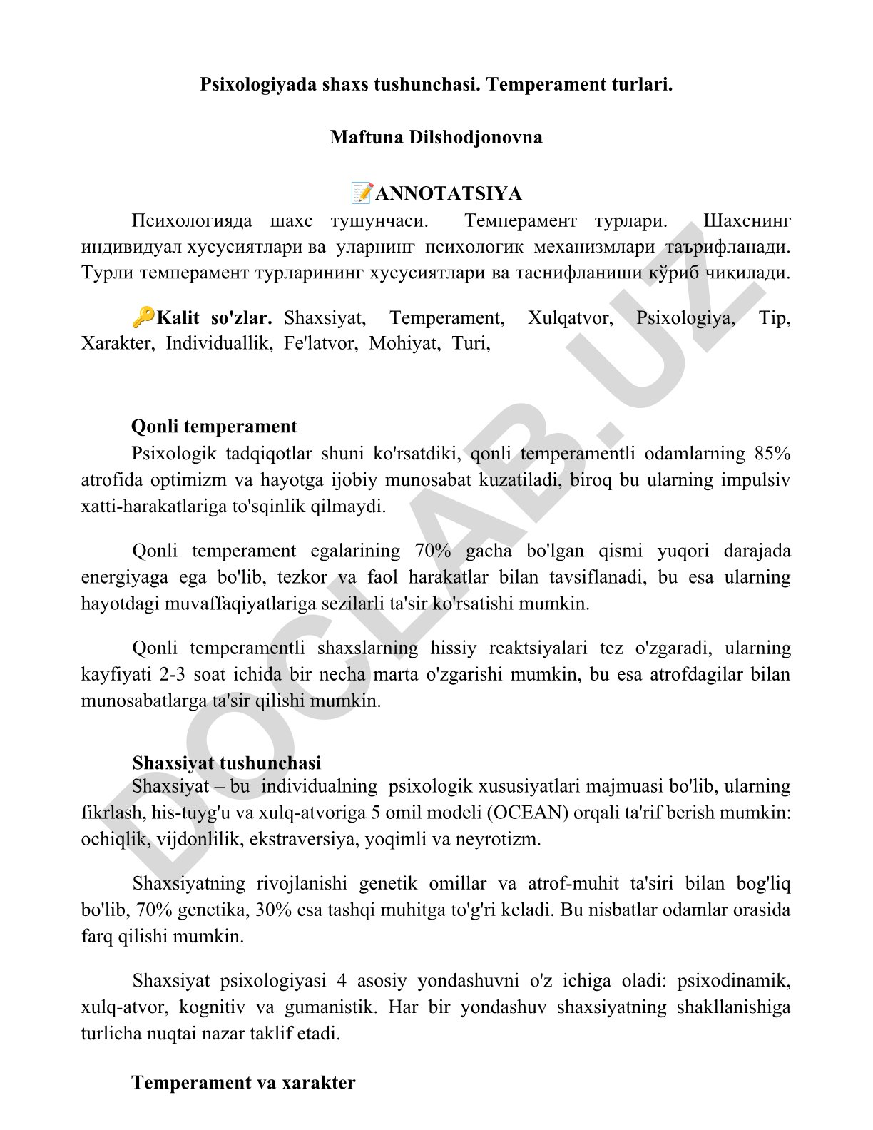 Psixologiyada shaxs tushunchasi va temperament turlari