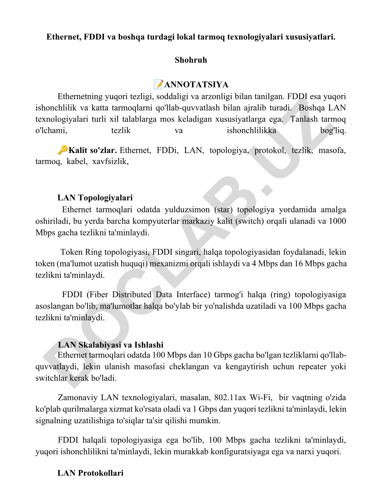 Ethernet, FDDI va boshqa lokal tarmoq texnologiyalari xususiyatlari