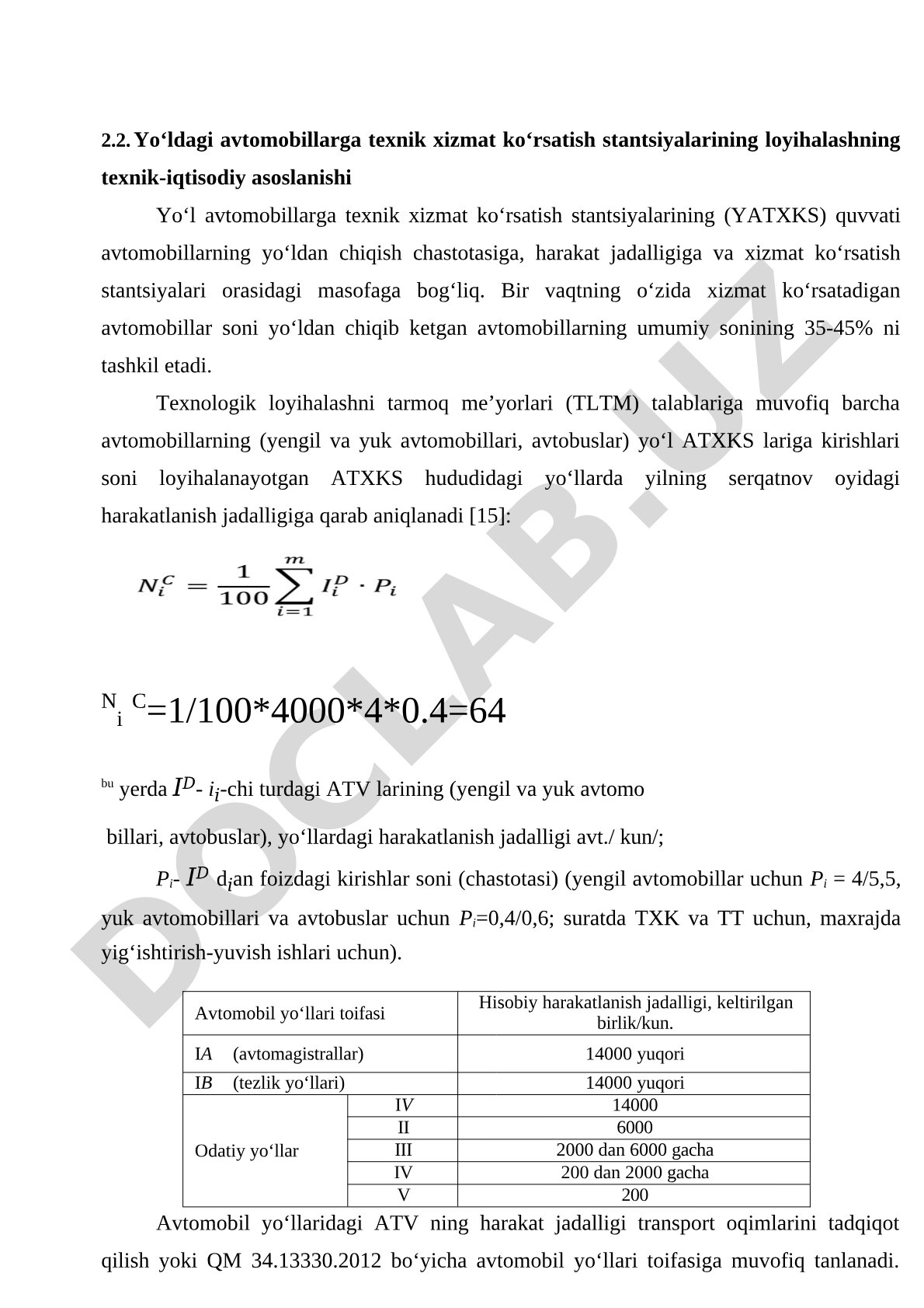 Yo‘ldagi avtomobillarga texnik xizmat ko‘rsatish stantsiyalarining loyihalashning texnik-iqtisodiy asoslanishi
