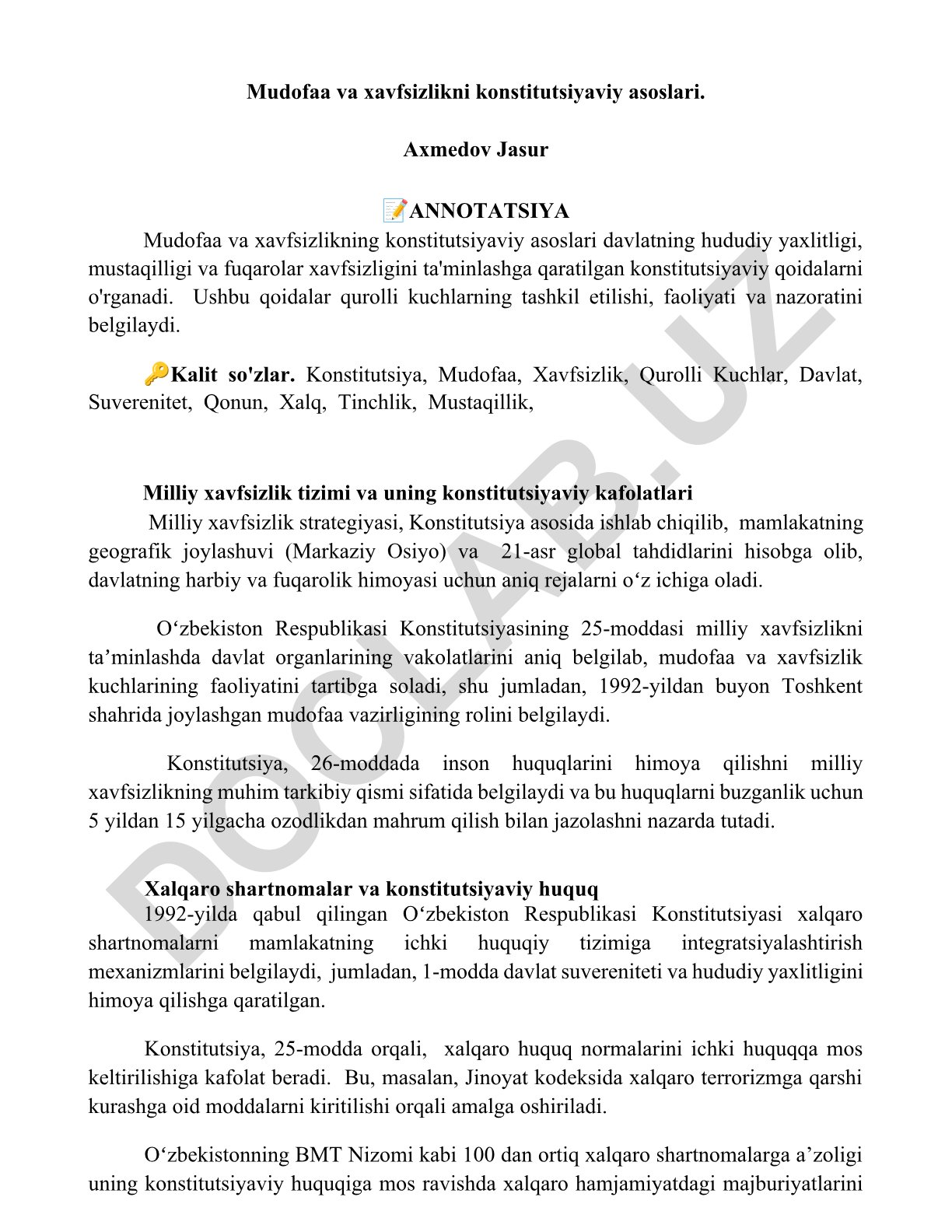 Mudofaa va xavfsizlikning konstitutsiyaviy asoslari