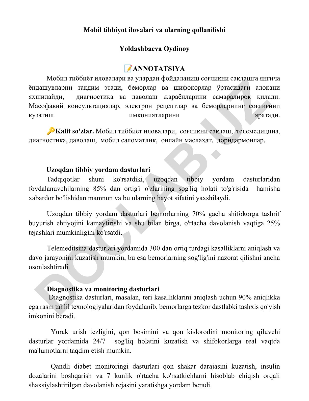 Mobil tibbiyot ilovalari va ularning qoʻllanilishi