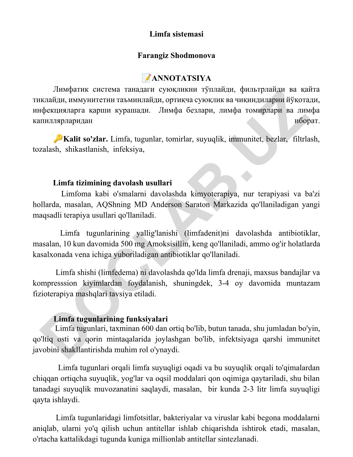 Limfa sistemasi tuzilishi, funksiyalari va davolash usullari