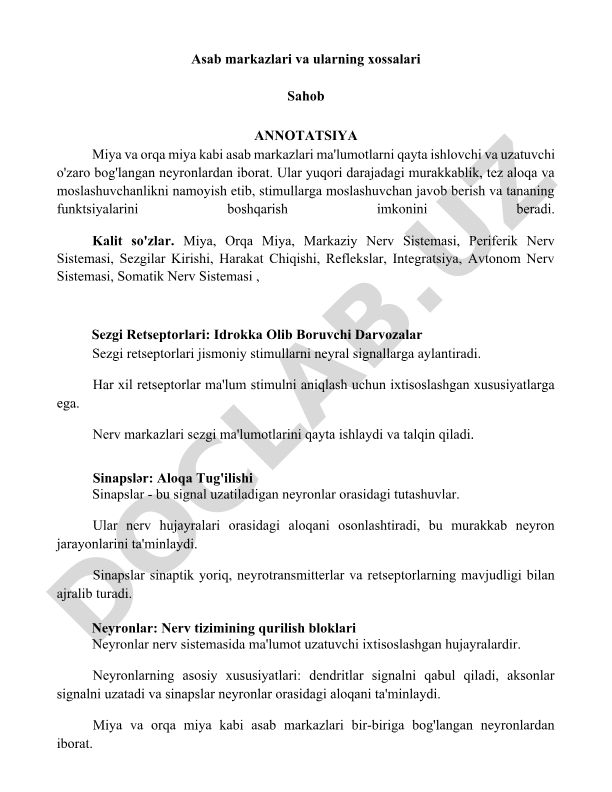 Asab markazlari va ularning xossalari