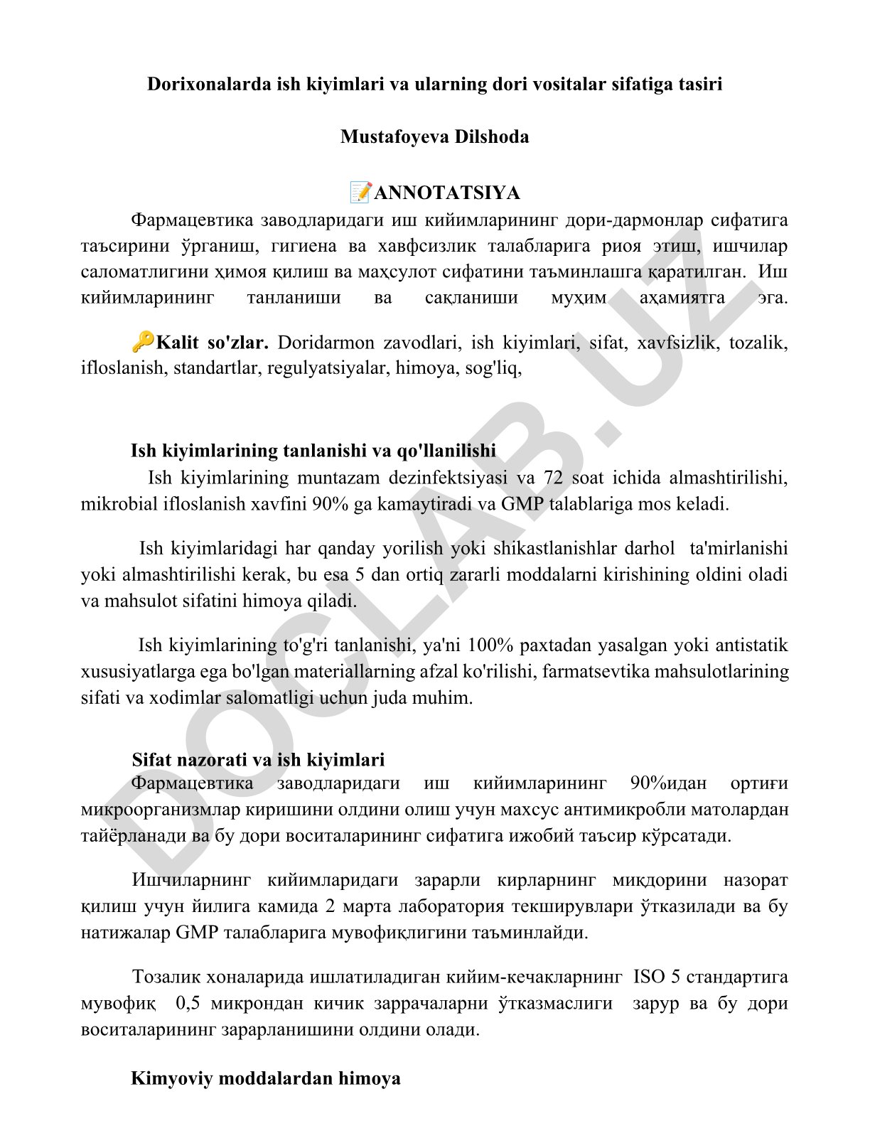 Dorixonalarda ish kiyimlari va ularning dori vositalar sifatiga tasiri