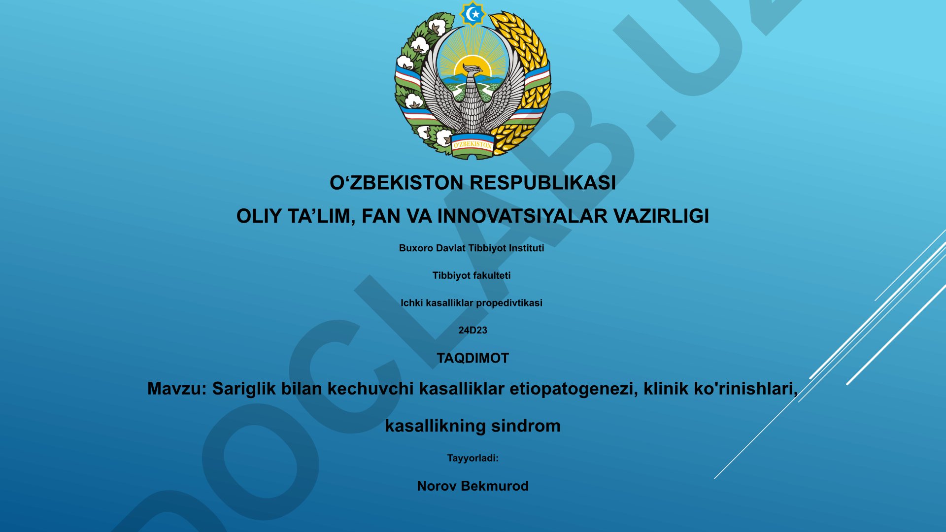 Sariglik bilan kechuvchi kasalliklar etiopatogenezi, klinik ko'rinishlari, kasallikning sindrom
