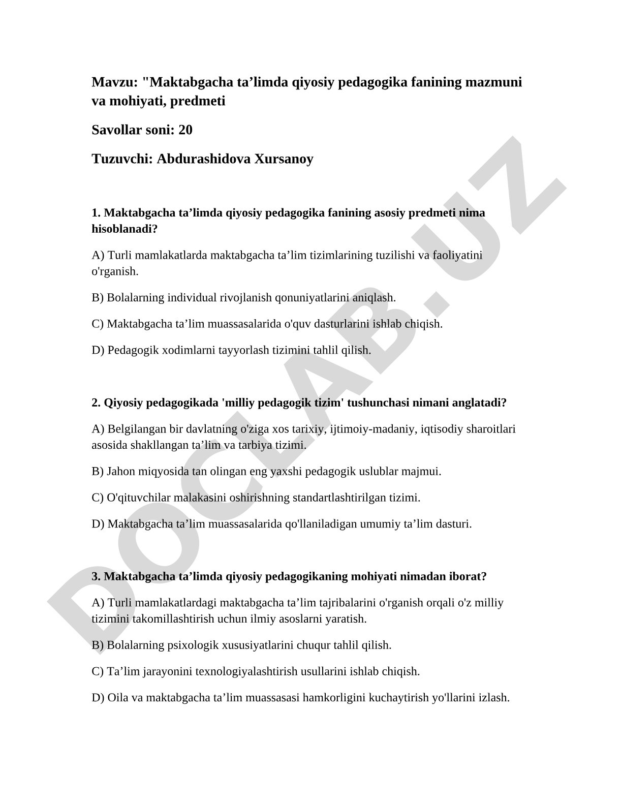 Maktabgacha taʼlimda qiyosiy pedagogika fanining mazmuni va mohiyati, predmeti