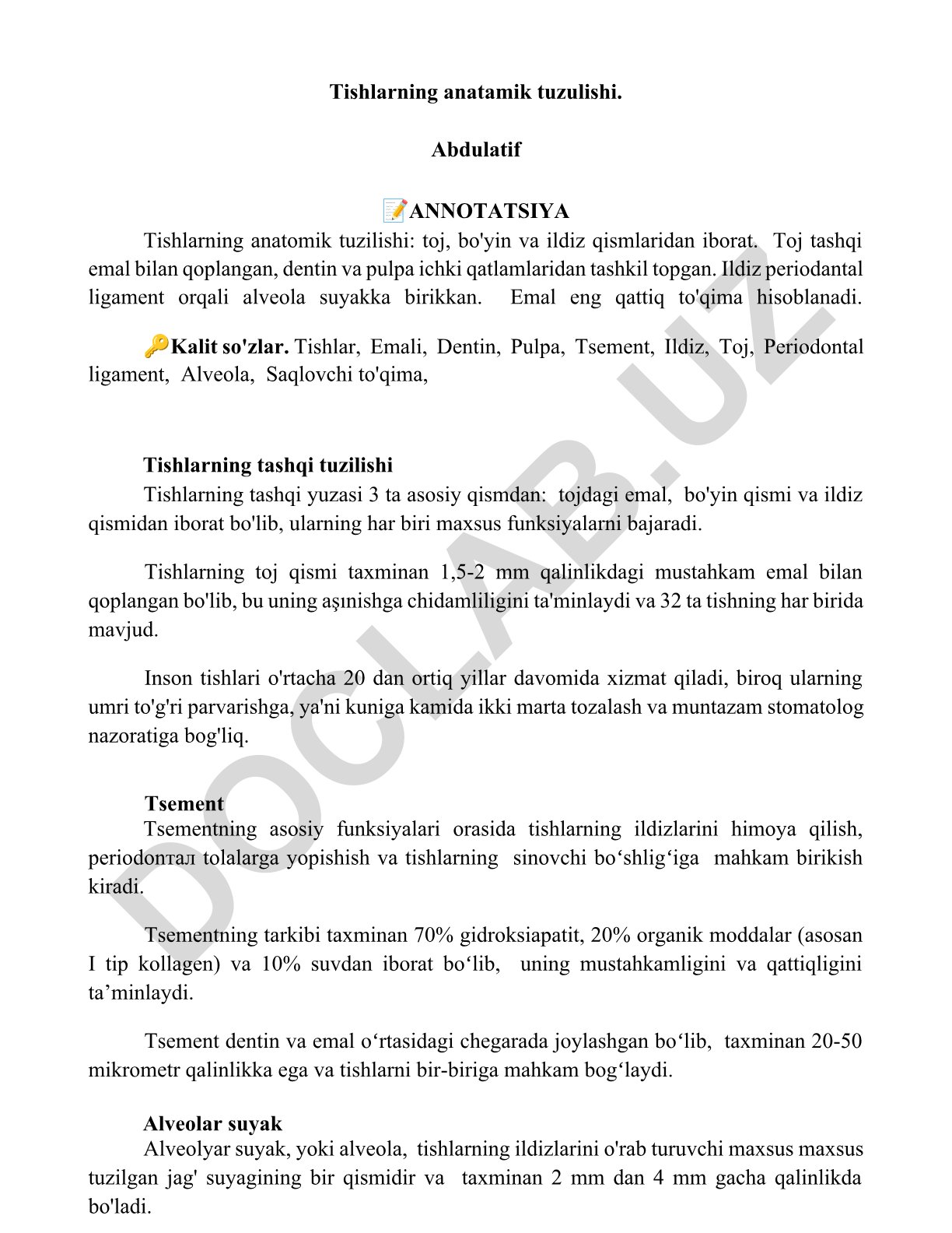 Tishlarning anatomik tuzilishi