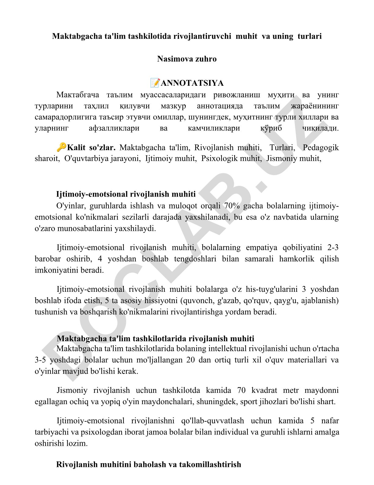 Maktabgacha ta'lim tashkilotida rivojlantiruvchi muhit va uning turlari