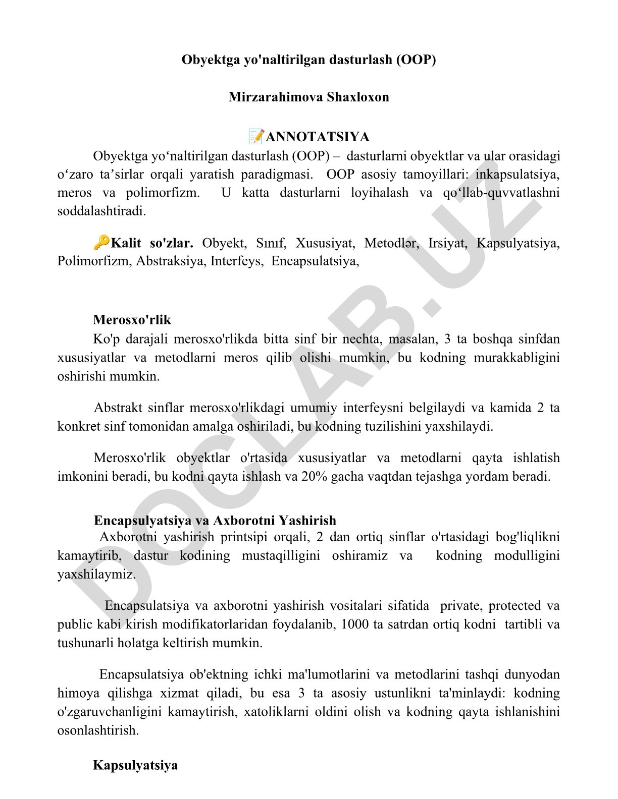 Obyektga yo'naltirilgan dasturlash (OOP) tamoyillari va afzalliklari