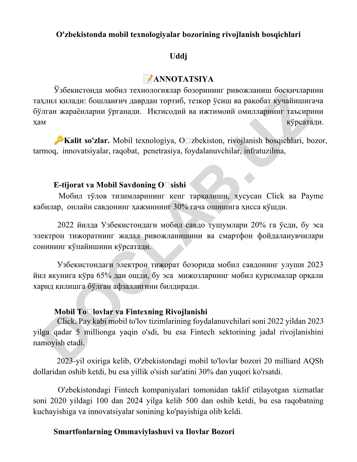 O'zbekistonda mobil texnologiyalar bozorining rivojlanish bosqichlari
