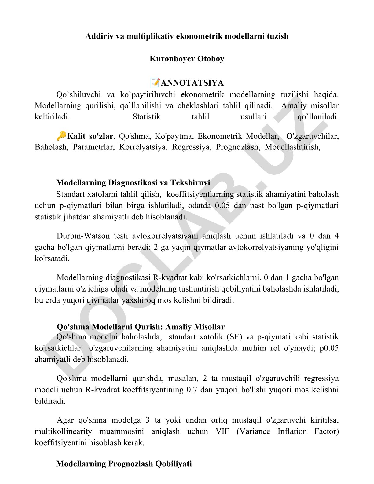 Qo'shiluvchi va ko'paytiriluvchi ekonometrik modellarning tuzilishi
