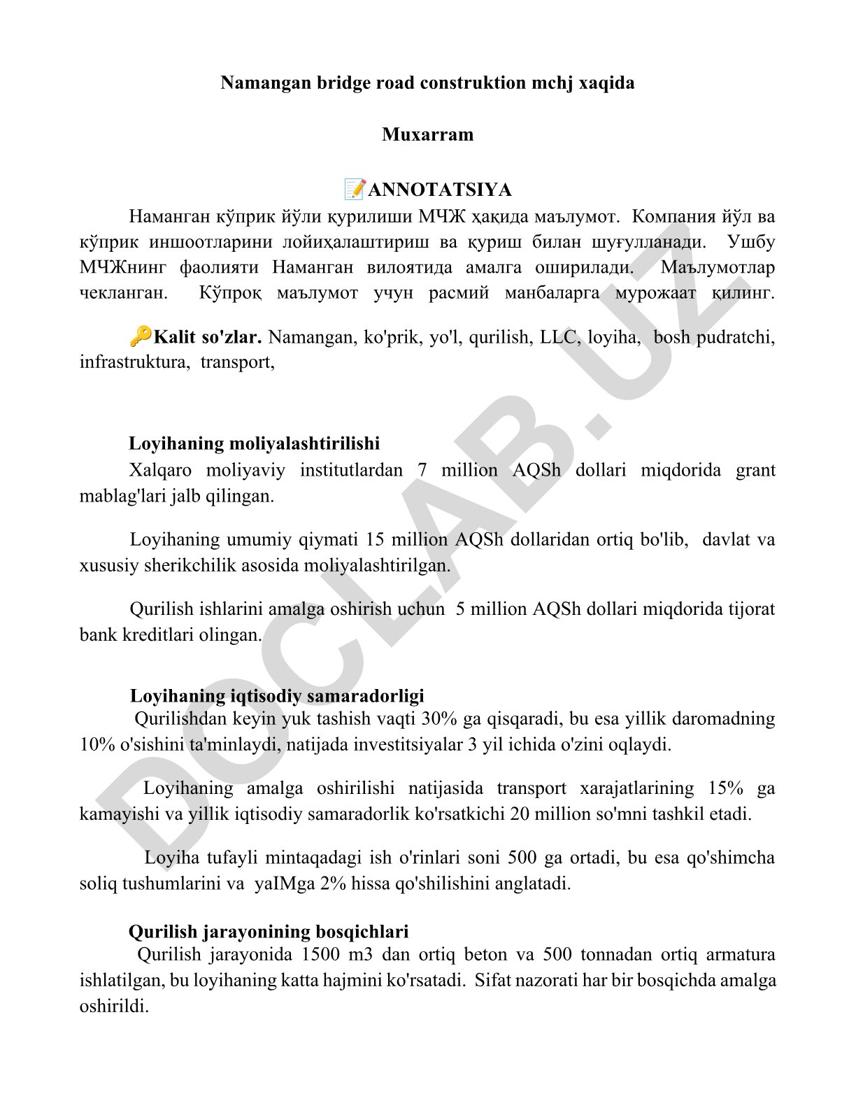 Namangan ko'prik yo'li qurilishi MChJ faoliyati