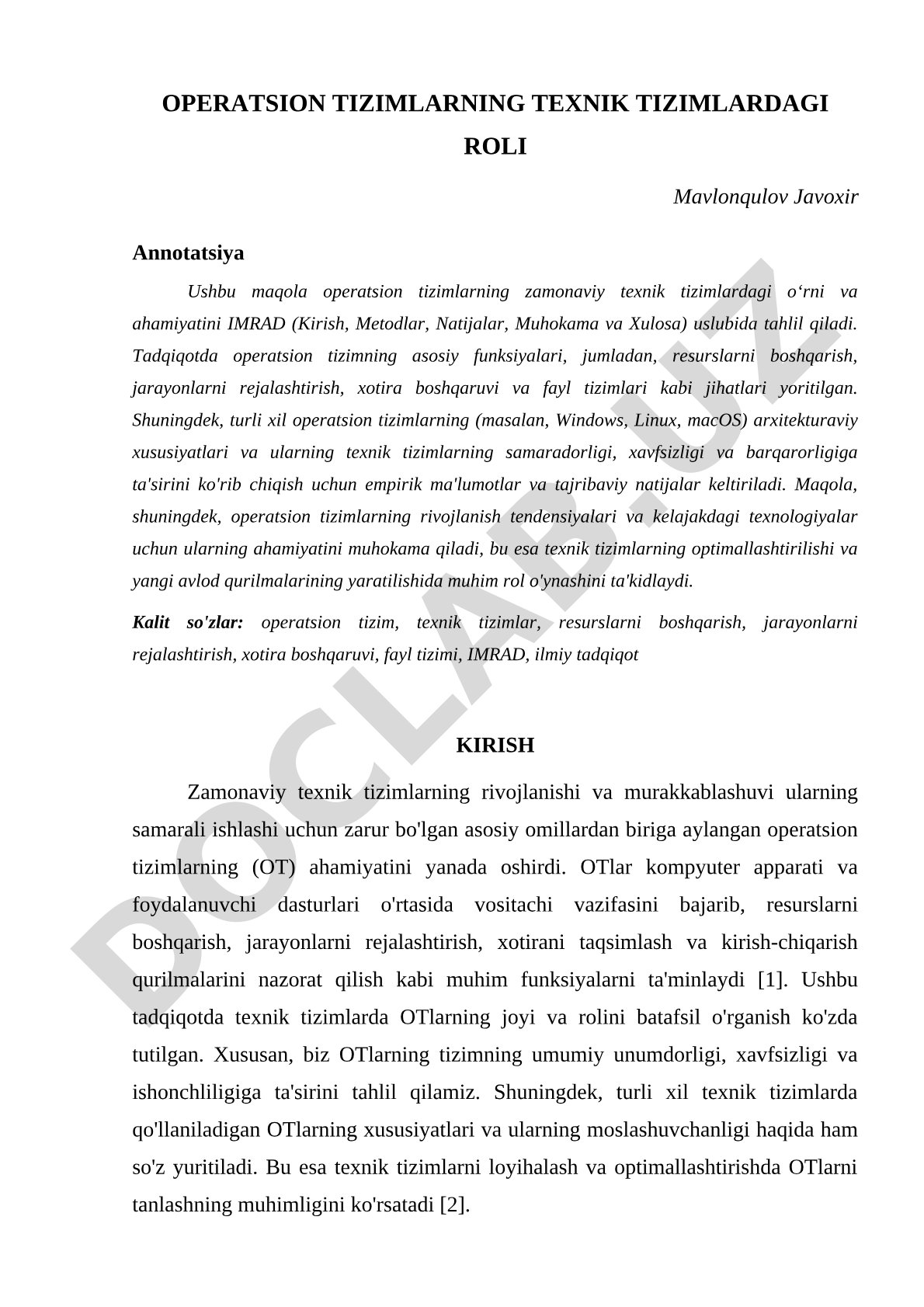 Operatsion tizimlarning texnik tizimlardagi roli