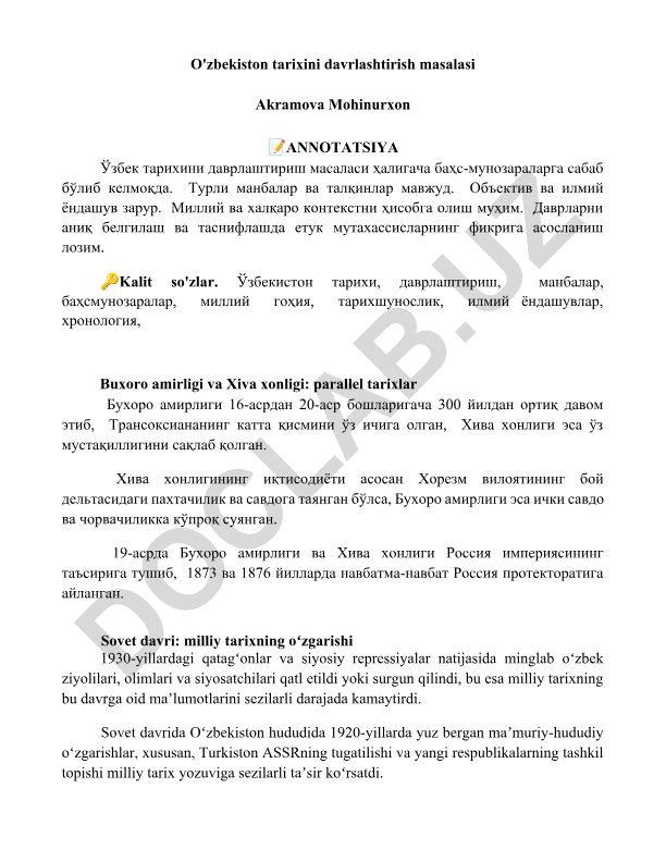 O'zbekiston tarixini davrlashtirish masalasi
