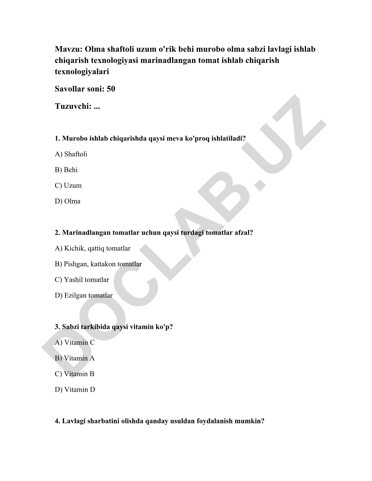 Olma, shaftoli, uzum, o'rik, behi murobo va marinadlangan tomat ishlab chiqarish texnologiyalari
