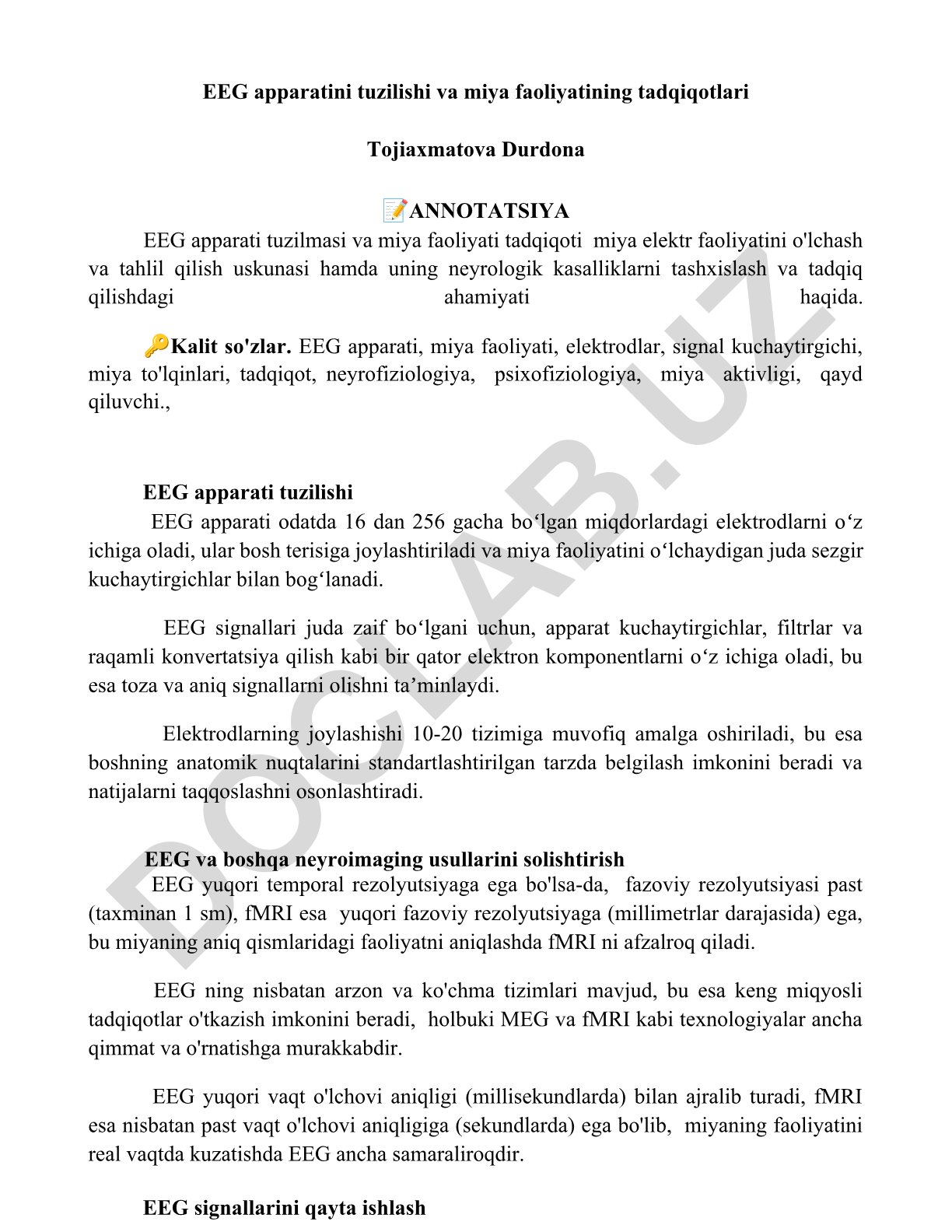 EEG apparati tuzilishi va miya faoliyati tadqiqoti