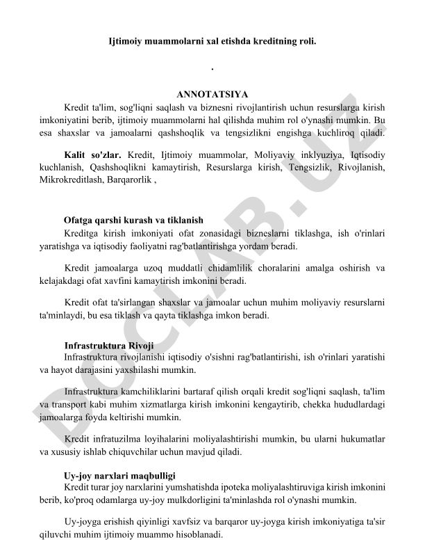 Ijtimoiy muammolarni xal etishda kreditning roli