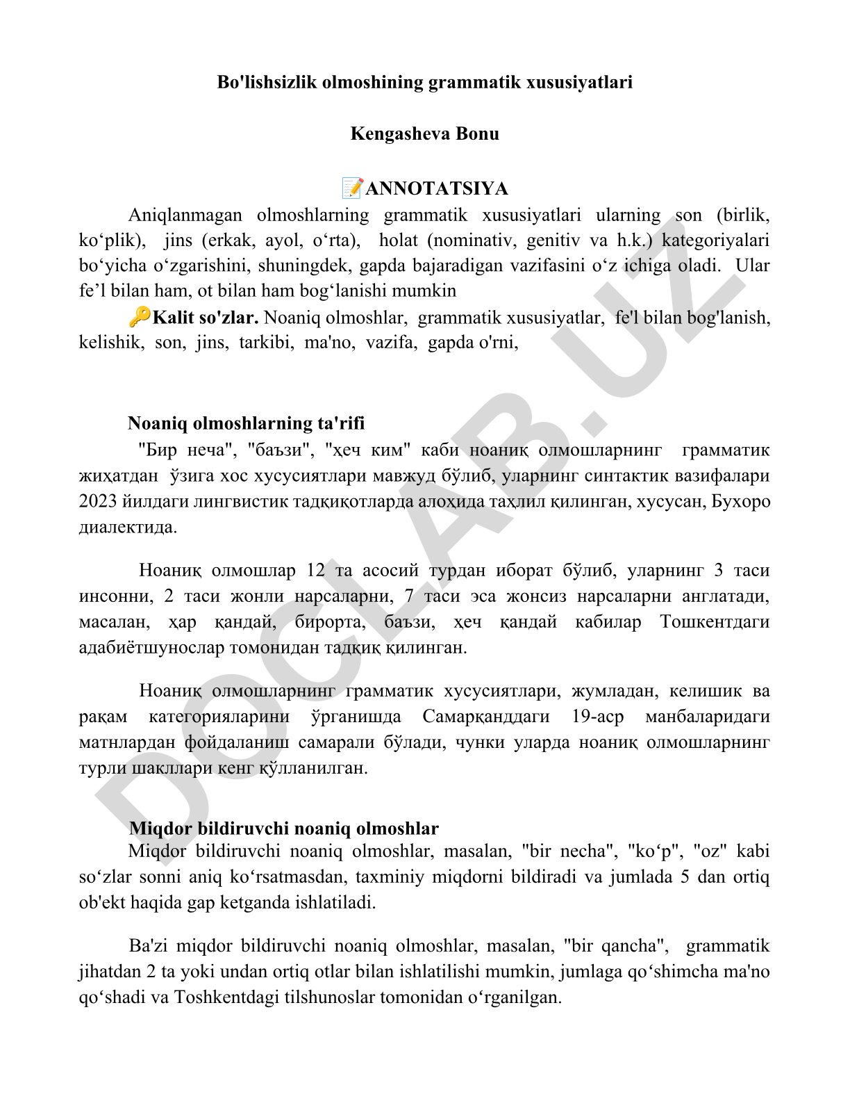 Noaniq olmoshlarning grammatik xususiyatlari