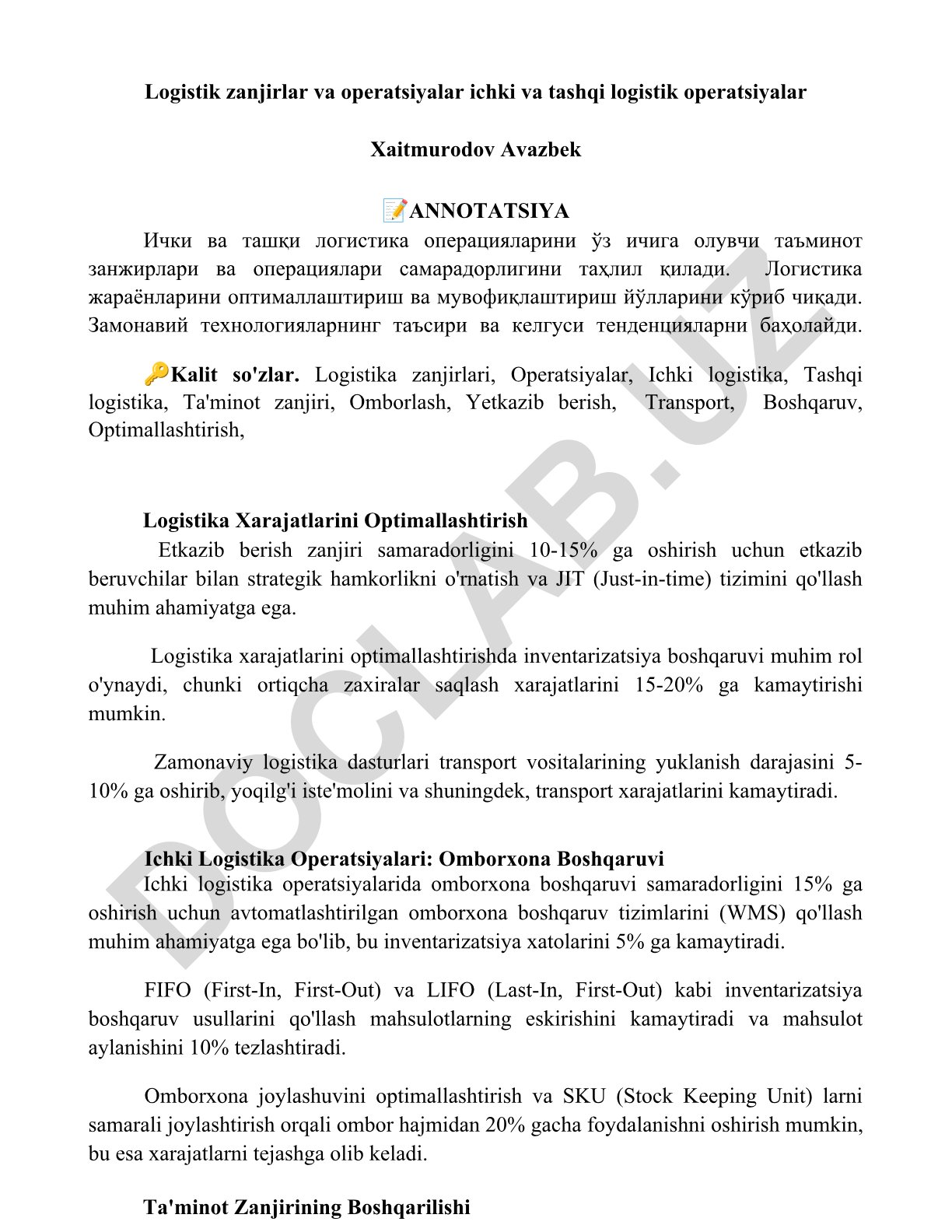 Logistik zanjirlar va operatsiyalar ichki va tashqi logistik operatsiyalar