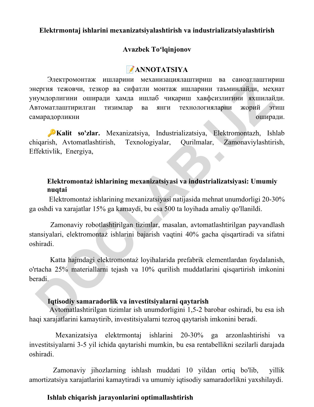 Elektrmontaj ishlarini mexanizatsiyalashtirish va industrializatsiyalashtirish