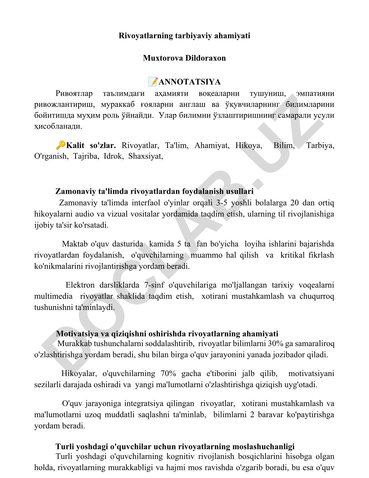 Rivoyatlarning tarbiyaviy ahamiyati