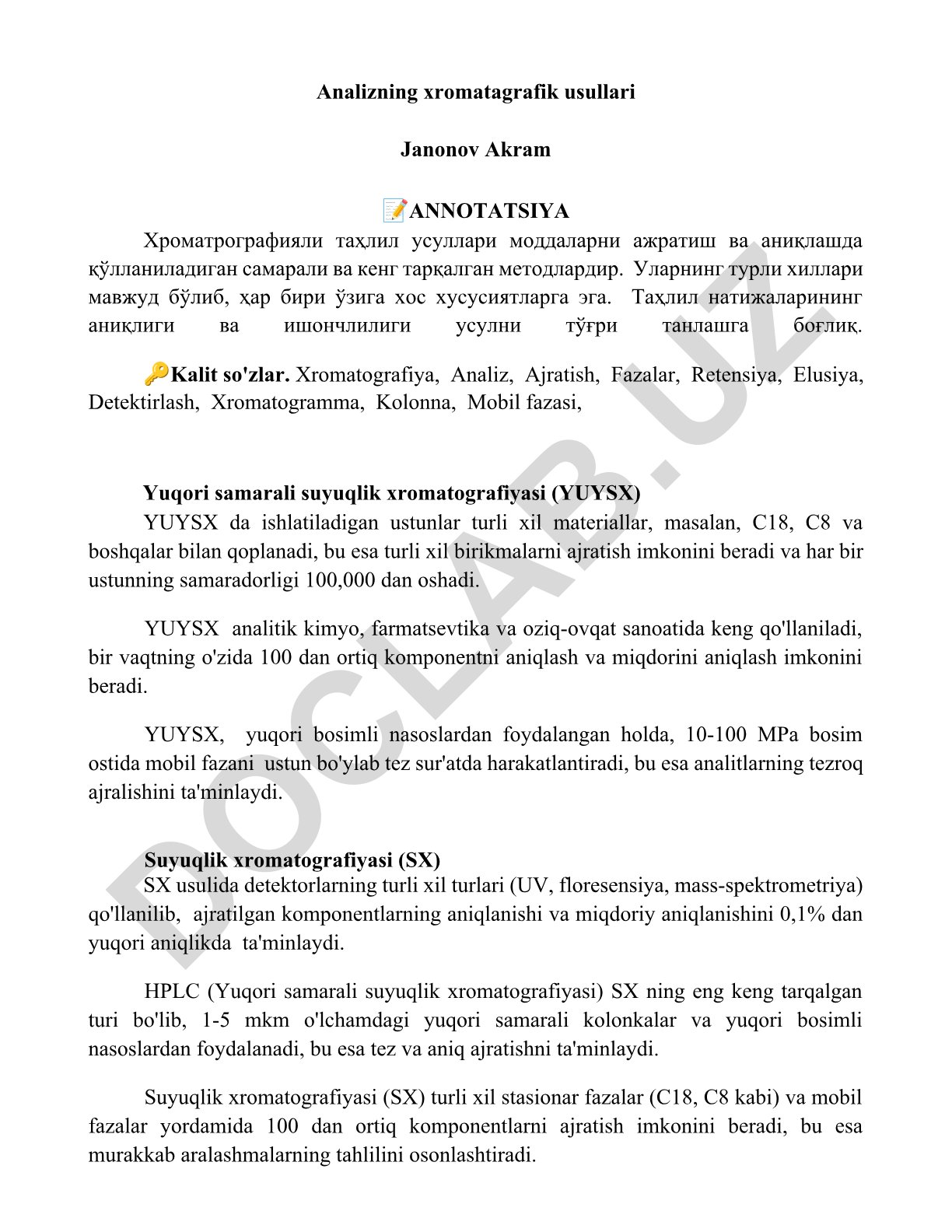 Xromatografik analiz usullari va ularning qo'llanilishi