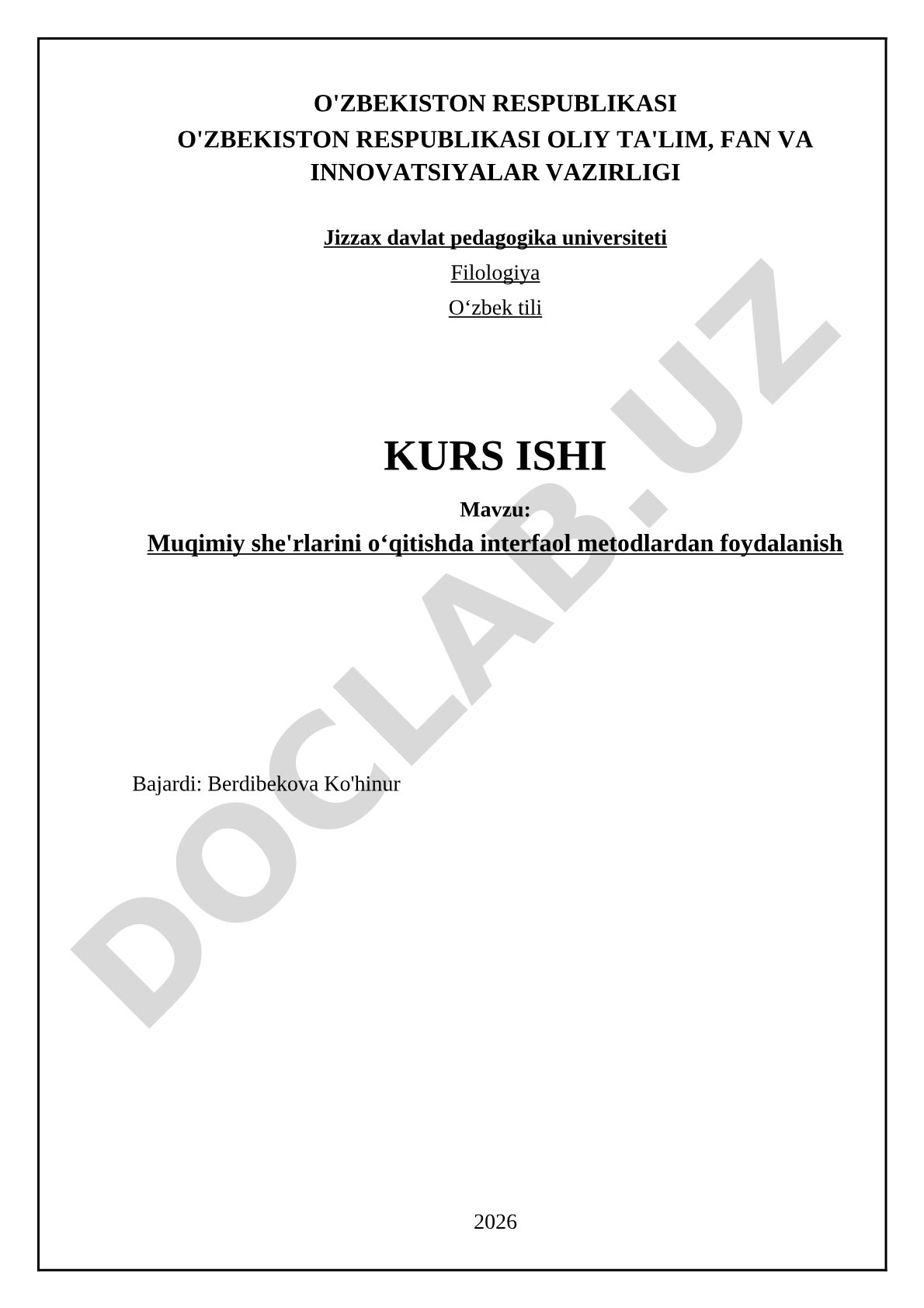 Muqimiy she'rlarini o'qitishda interfaol metodlardan foydalanish
