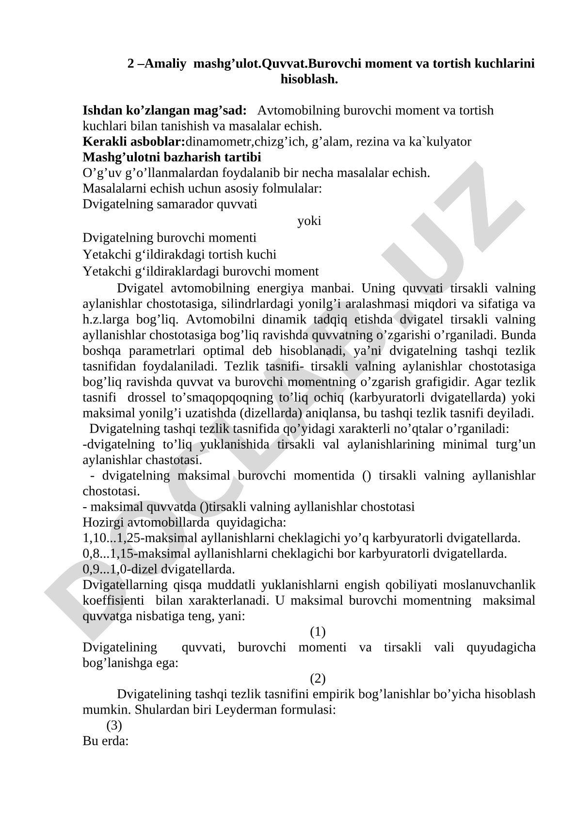 Quvvat, burovchi moment va tortish kuchlarini hisoblash