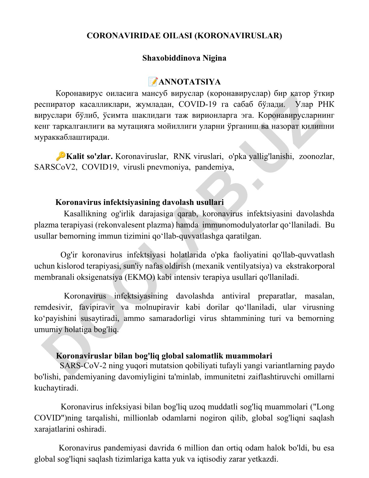 Koronaviruslar (Coronaviridae oilasi) va COVID-19 davolash usullari