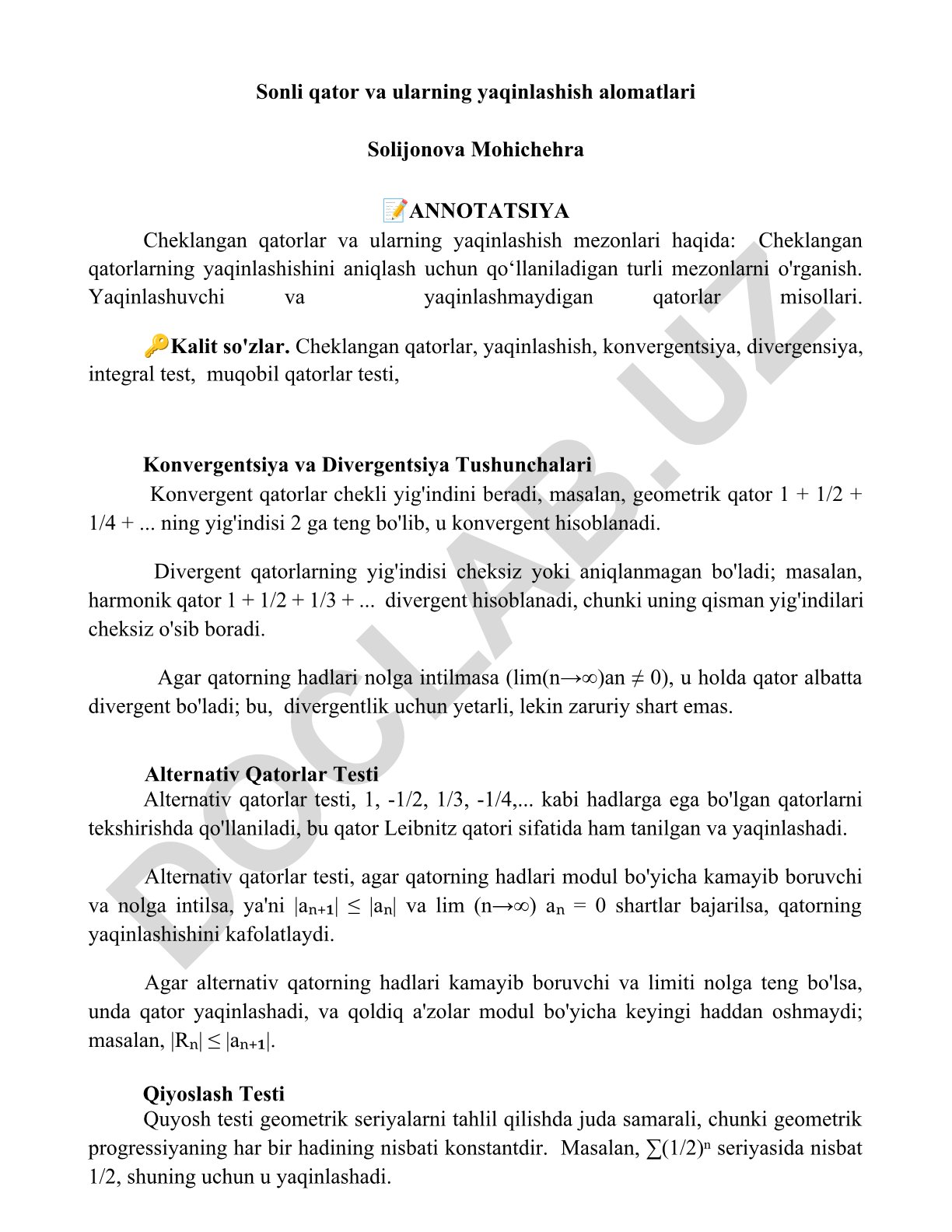 Cheklangan qatorlar va ularning yaqinlashish alomatlari