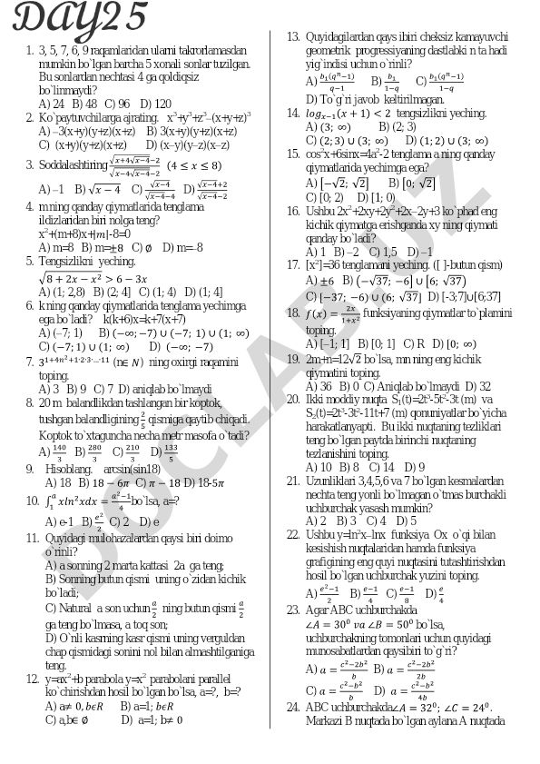 Matematika test savollari va masalalari