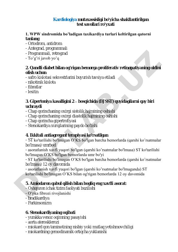 Kardiologiya mutaxassisligi bo'yicha test savollari