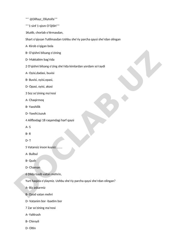 1-sinf o'qish fanidan test savollari