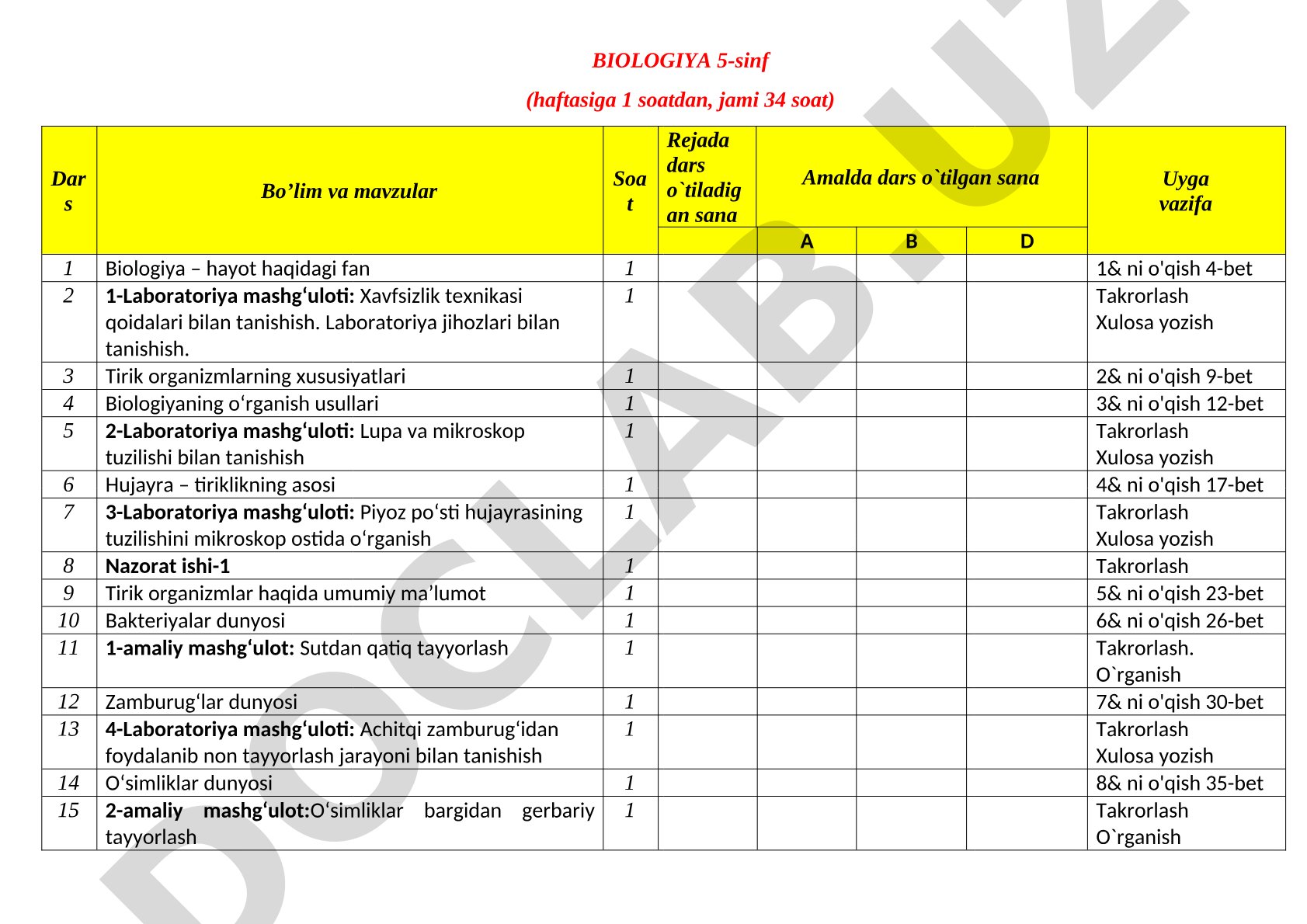 Biologiya 5-sinf uchun taqvim-mavzu rejasi