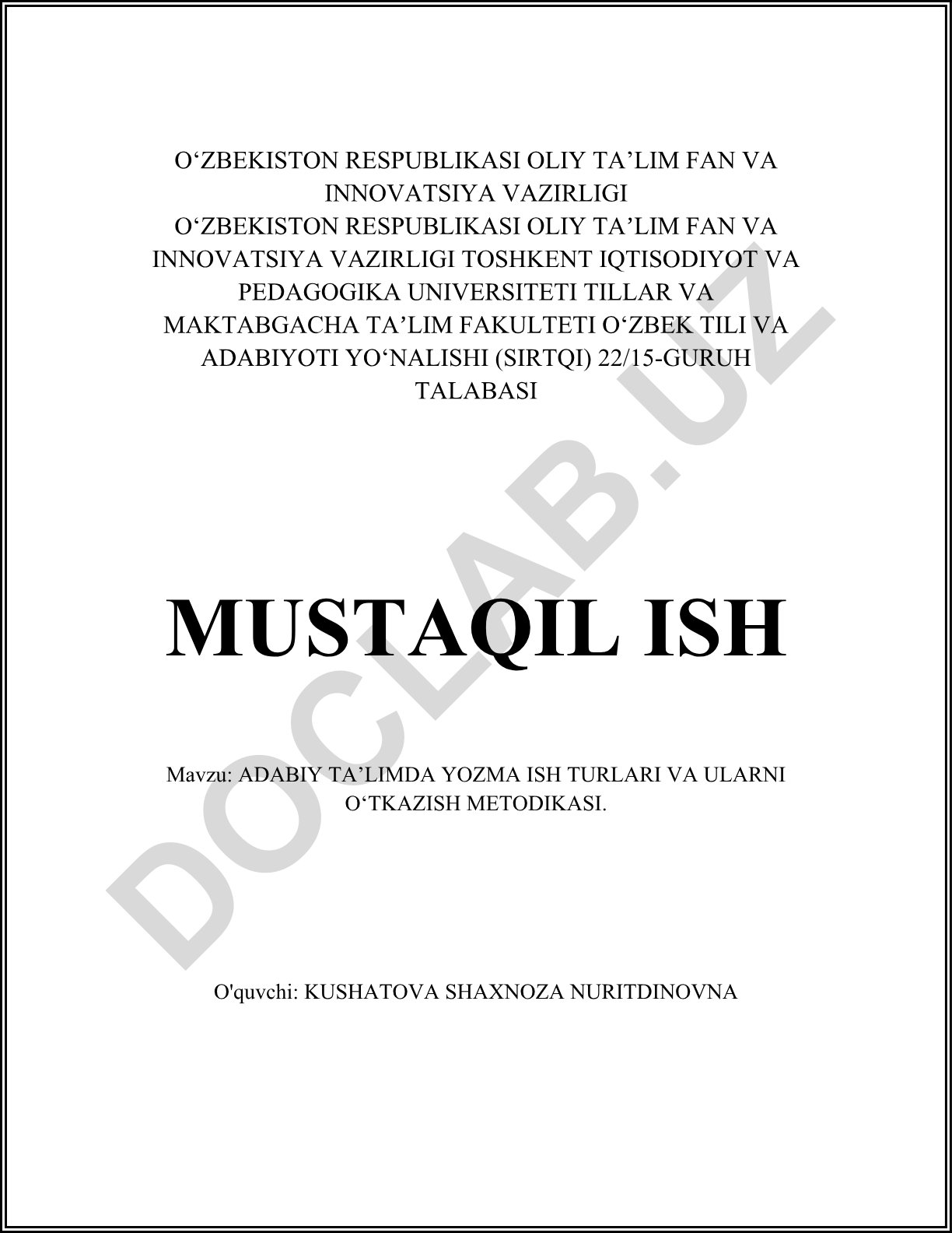 Adabiy ta'limda yozma ish turlari va ularni o'tkazish metodikasi