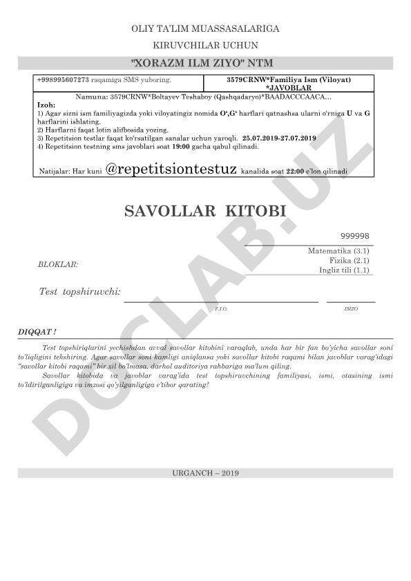Xorazm Ilm Ziyo NTM repetitsion test savollari va qoidalari